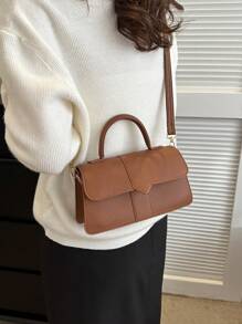 Women's Fashion Flip Cover Pu Leather Solid Color Handbag - Brown - View 4