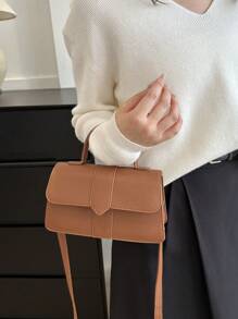 Women's Fashion Flip Cover Pu Leather Solid Color Handbag - Brown - View 1