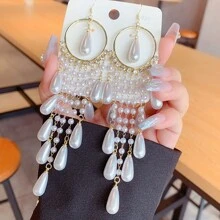1對珍珠掛飾耳掛，長珍珠流蘇耳環，誇張優雅，女士耳環，新娘耳環，適用於婚禮派對，女性珠寶禮物，聖誕和新年禮物