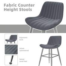 Bar Stools Set Of 2, 24" Bar Chairs Velvet Upholstered Counter Height Bar Stools With Back Gold Metal Legs And Footrest, Modern Bar Stools BarStools For Kitchen Counter Bistro Pub - Xám - Xem 2