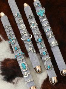 10入組西部牛仔復古風琥珀和仙人掌設計時尚戒指套裝,適合女性日常穿戴