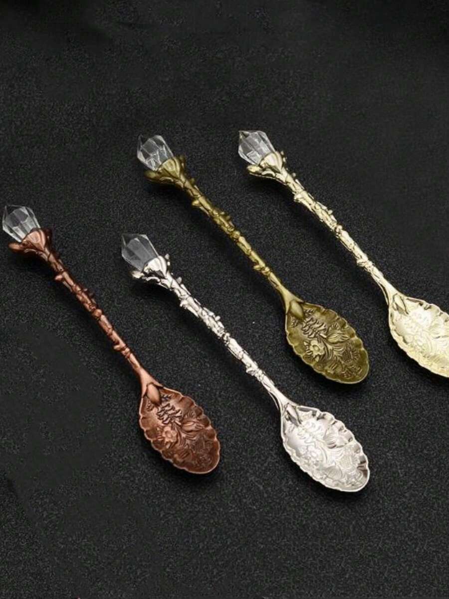 1入自然晶牙齒形狀寶石合金咖啡勺,復古雕刻裝飾甜點冰淇淋勺套裝,適用於咖啡廳餐具、家庭和辦公室聚會用品