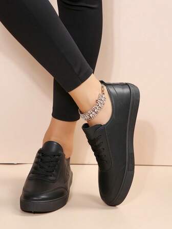 Women's Flat Pu Leather Shoes With Casual Lace-up, Low-cut, Breathable And Fashionable Sneakers
