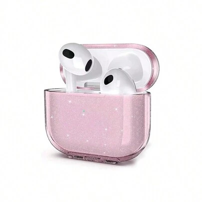 Pink Minimalist TPU Glitter Sequins Solid Color Bluetooth Earphone Cases Soft Case Earphone Protective Cover Compatible With Apple Series Loose Powder Mother's Day Birthday Anniversary Spring Gift For Women