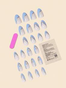 24入組秋冬新款杏仁形藍色牛仔藍色金邊水滴形假指甲貼紙套裝，包含果凍膠和指甲檔。按壓式假指甲，美甲用品。 - 淺藍色 - 查看 2