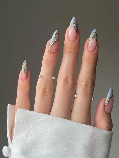 24pcs Autumn And Winter New Almond-Shaped Blue Denim Blue Gold-Trimmed Water Drop-Shaped False Nail Sticker Set With Jelly Gel And Nail File Press On Nails Nail Supplies