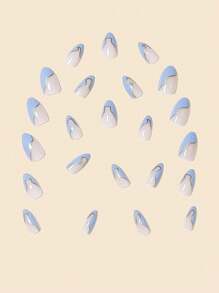 24入組秋冬新款杏仁形藍色牛仔藍色金邊水滴形假指甲貼紙套裝，包含果凍膠和指甲檔。按壓式假指甲，美甲用品。 - 淺藍色 - 查看 3