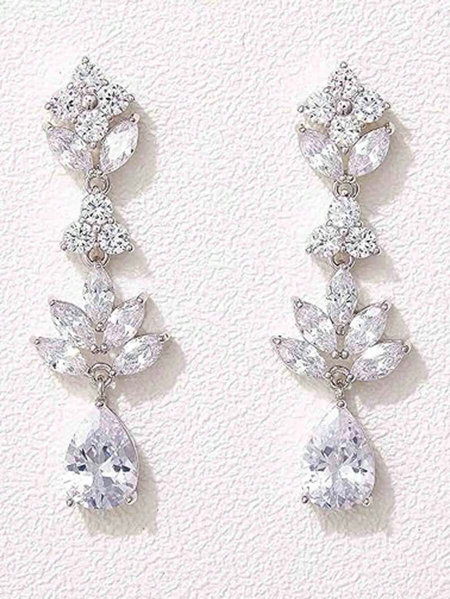 2入組長款花葉吊墜耳環,新娘女士銀色鍍金垂墜耳環,適用於婚禮、週年慶生日派對珠寶禮物