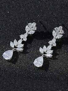 2入組長款花葉吊墜耳環,新娘女士銀色鍍金垂墜耳環,適用於婚禮、週年慶生日派對珠寶禮物