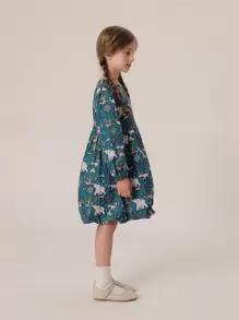 Little Girls' Fashionable Full Printed Round Neck Long Sleeve Bubble Dress For Autumn