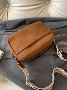 Fashionable Solid Color Minimalist Faux Suede Wide Strap Mini Crossbody Bag - Brown - View 5
