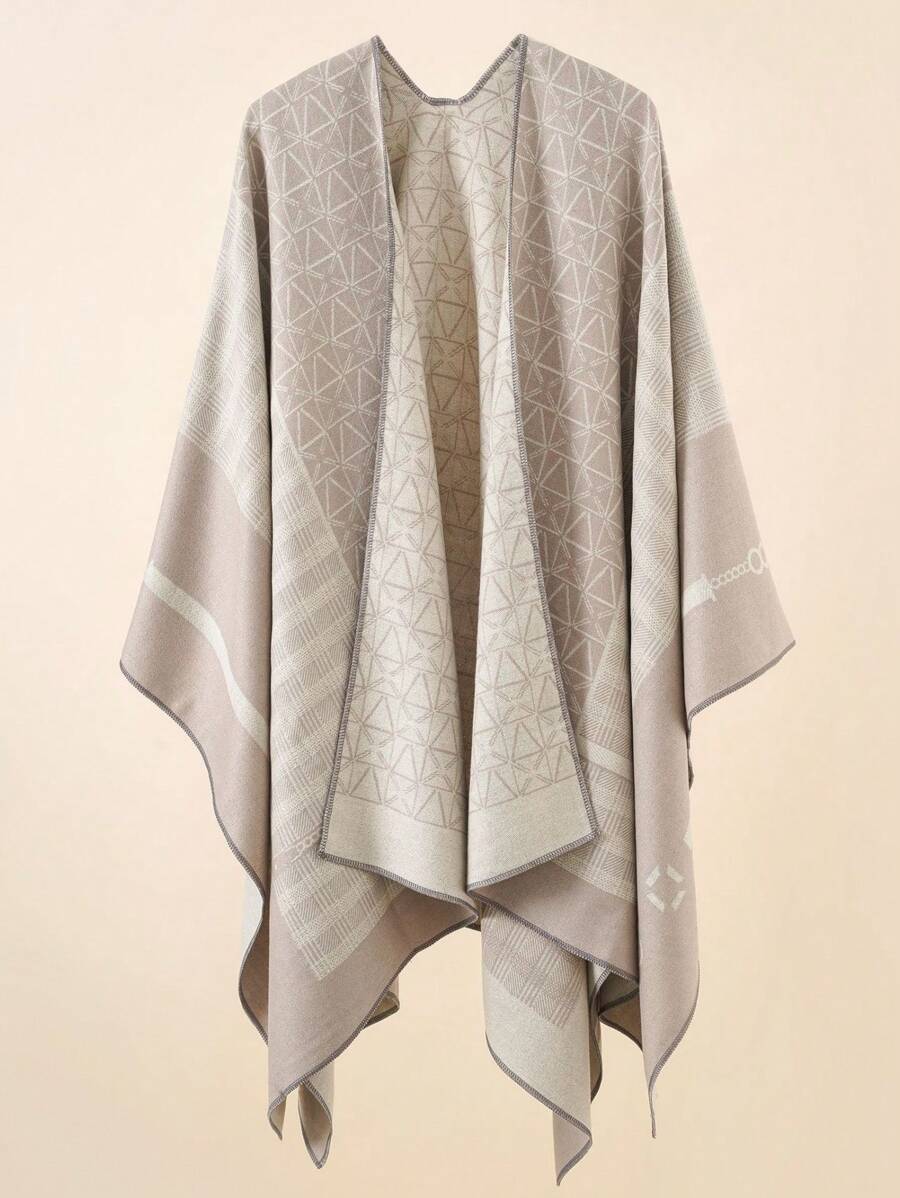 1 chiếc khăn choàng Poncho họa tiết kẻ caro hình học dành cho nữ, khăn choàng ấm áp thường ngày mặc ngoài cho mùa thu/đông - Màu Khaki - Xem 1