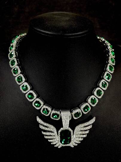 1 Pieza Collar De Colgante Cuadrado Con Diseño De Alas De Diamantes Y Piedra Preciosa Verde, Estilo Europeo Y Americano, Adecuado Para El Uso Diario De Las Mujeres