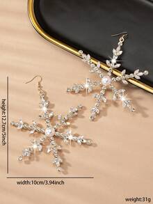 1對水晶人造珍珠裝飾雪花耳環,適用於冬季 - 金色 - 查看 3