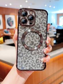 1pc Black Leopard Print Sparkling Gradient Magnetic Phone Case With Anti-fall Protection, Compatible With Samsung And Apple Phone Cases - Black - View 3