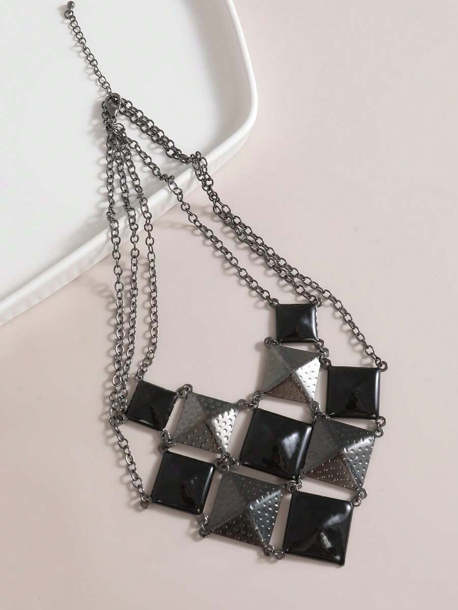 1pc European And American Style Metal Square Patchwork Necklace, Geometric Design Hip-hop Style Statement Accessory - Black - View 1