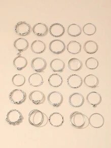 30pcs Punk Style Rings Set With Heart Shape, Rhinestone, Butterfly, Faux Pearl And Multiple Elements, Fashionable Accessory For Ladies' Daily Wear