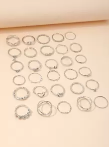 30pcs Punk Style Rings Set With Heart Shape, Rhinestone, Butterfly, Faux Pearl And Multiple Elements, Fashionable Accessory For Ladies' Daily Wear