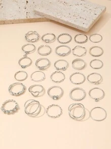 30pcs Punk Style Rings Set With Heart Shape, Rhinestone, Butterfly, Faux Pearl And Multiple Elements, Fashionable Accessory For Ladies' Daily Wear