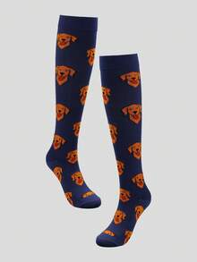 1對男女均適用的藍色狗印花壓力襪,適用於戶外運動 - 藏蓝色 - 查看 1