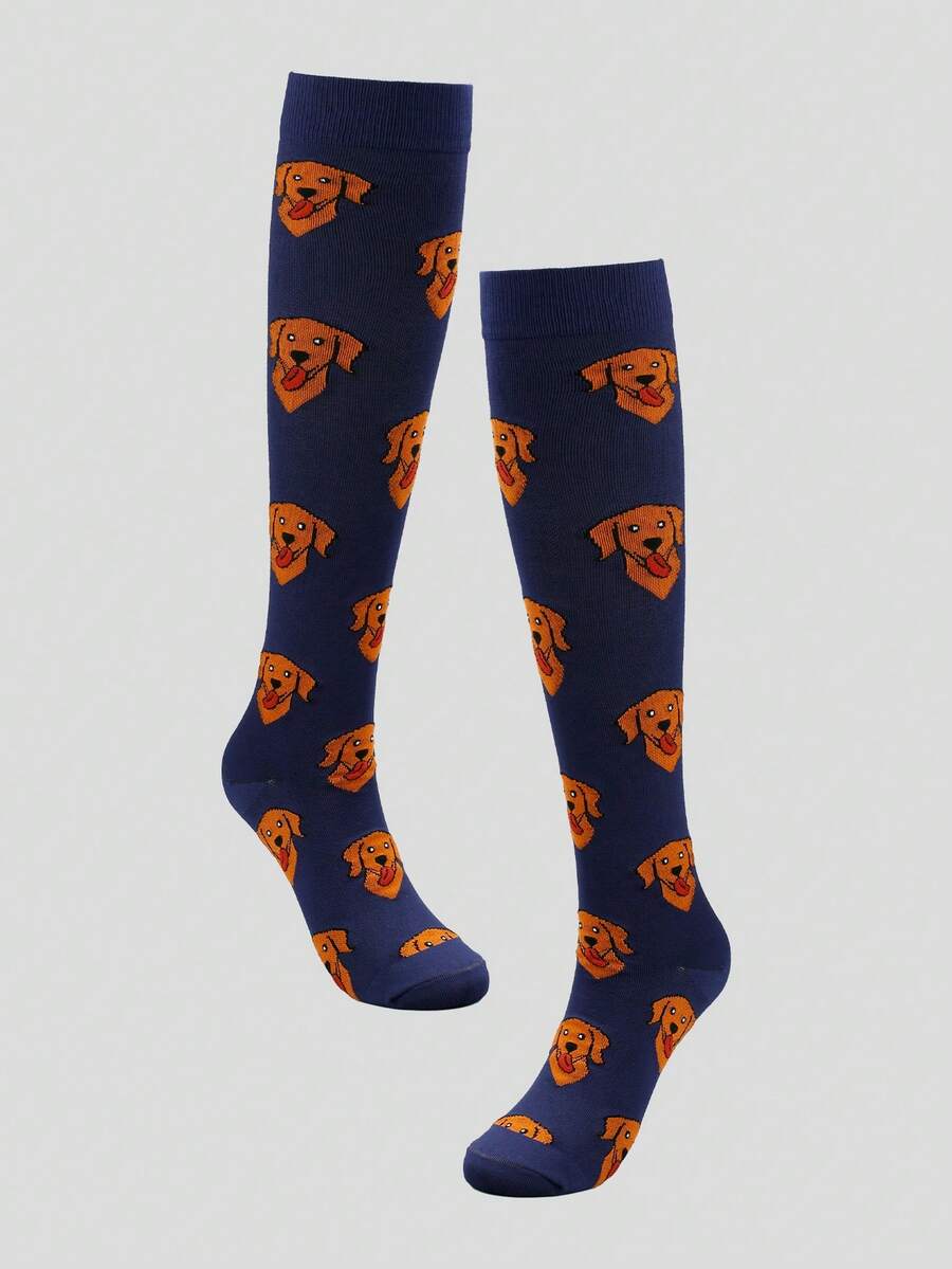 1對男女均適用的藍色狗印花壓力襪,適用於戶外運動 - 藏蓝色 - 查看 1