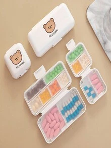 1pc Cute Dual Layer Bear-shaped Portable Pill Storage Box Dispenser, Convenient Plastic Organizer For Capsule/tablet - white large - View 2
