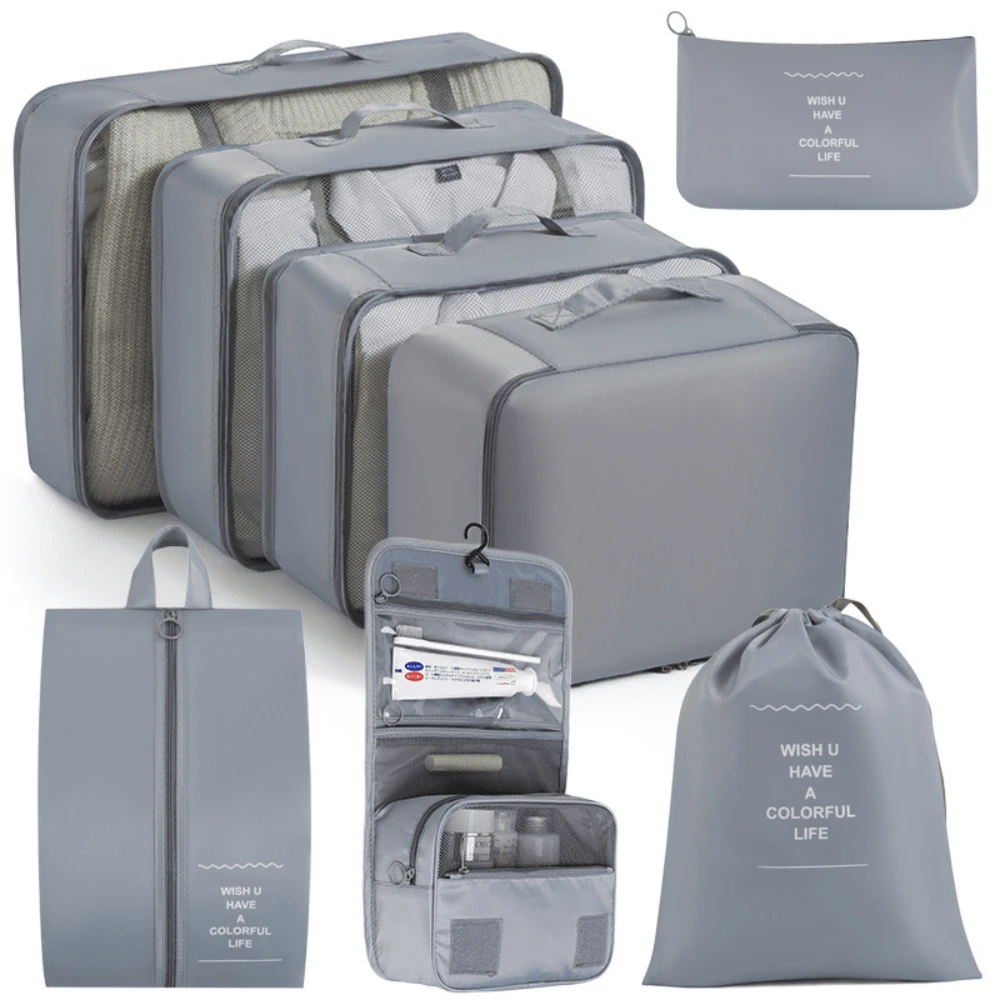 Set de 8 bolsas de organización de ropa de viaje en gris, bolsa de maquillaje de almacenamiento, organizador de maquillaje, estuche de maquillaje. - Gris - Ver 1