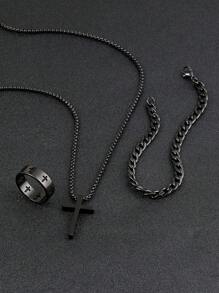 3pcs men's black jewelry three-piece set, cross necklace, bracelet, cross ring, suitable for daily decorative wear - Black - View 1