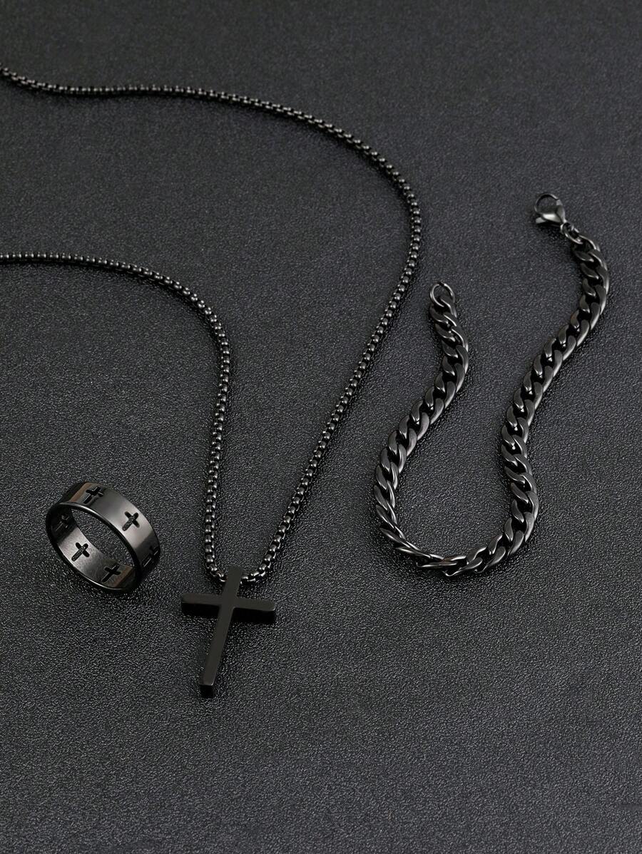 3pcs men's black jewelry three-piece set, cross necklace, bracelet, cross ring, suitable for daily decorative wear - Black - View 1