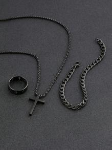 3pcs men's black jewelry three-piece set, cross necklace, bracelet, cross ring, suitable for daily decorative wear - Black - View 5