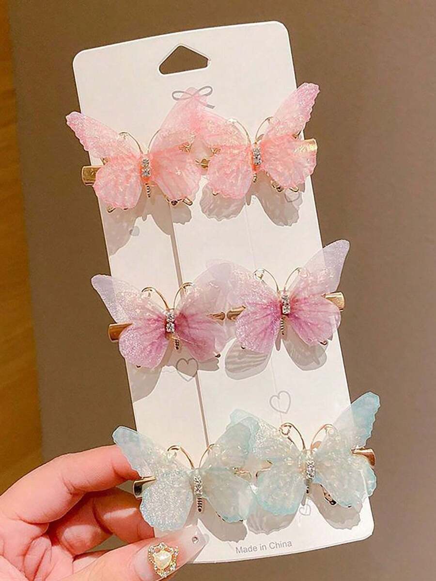 6pcs Rhinestone Butterfly Hair Clips Cute