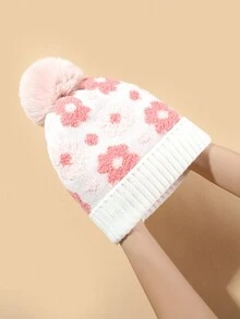 Mũ len in hoa đơn giản co giãn mềm mại thoải mái lót ấm bảo vệ tai cho trẻ em Bộ hai món thích hợp cho hoạt động ngoài trời mùa thu đông - Nhiều màu - Xem 6