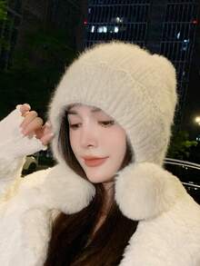 1頂針織女帽,秋冬防風保暖毛絨針織帽,可愛辮子和閃亮線裝飾 - 白色 - 查看 5