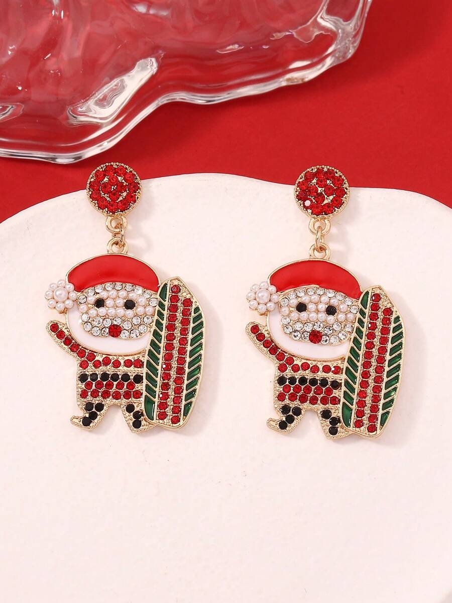 1對聖誕節鑲嵌鑽石琺瑯可愛耳環