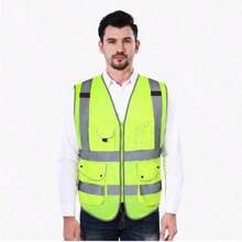 1件高可見性用于安全的反光背心,反光服裝多口袋設計,用於交通建設、夜光服裝、夜間騎行外套 - 黃色 - 查看 1