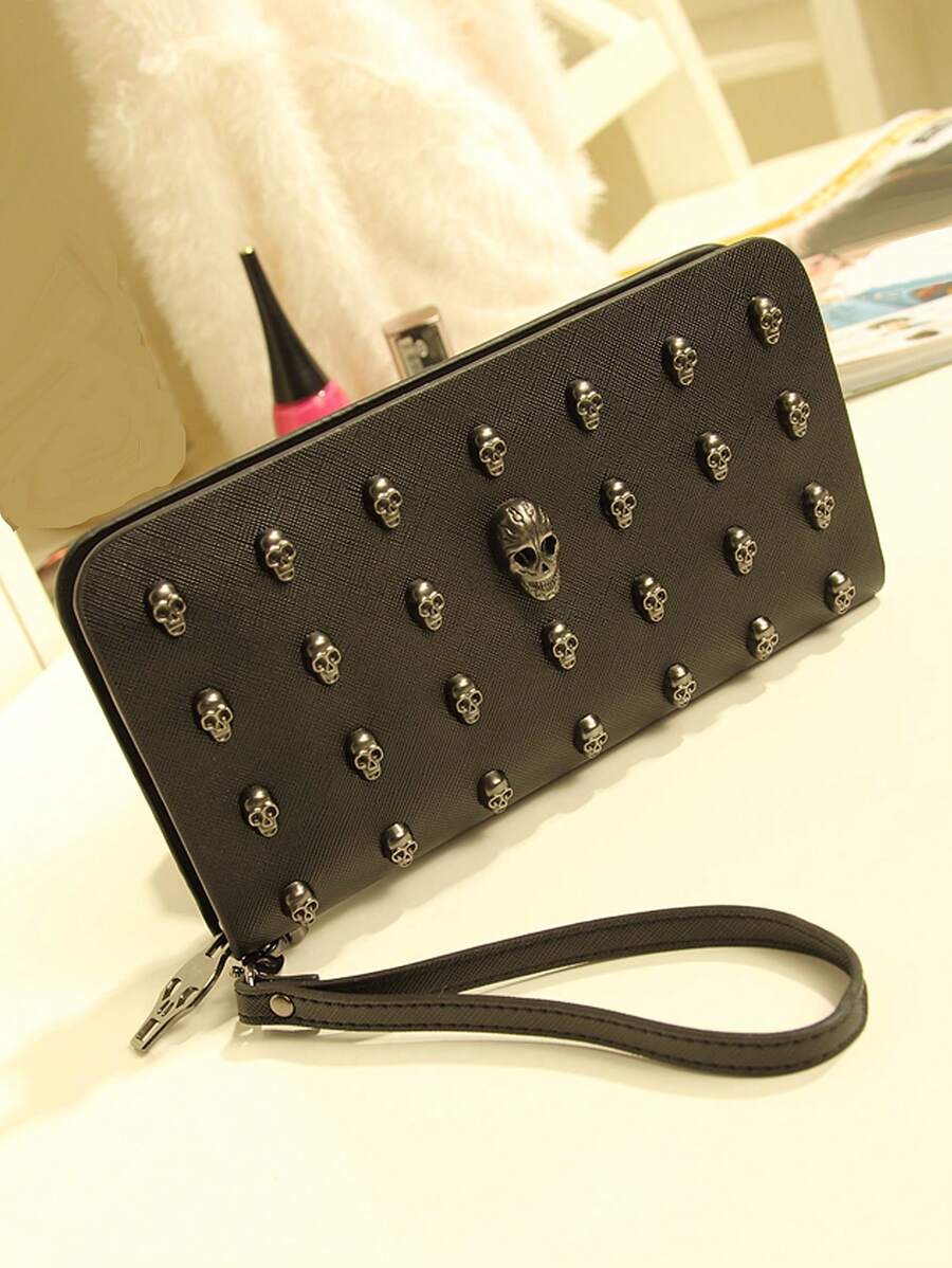 MIYIN 万圣节零钱包​​ 哥特式头像装饰拉链铆钉铆钉硬币朋克风格手拿包或女士手机包卡包礼物派对主题派对礼物黑色钱包钱包男士钱包长钱包腕带钱包万圣节钱包万圣节礼物 - 黑色 - 查看 1