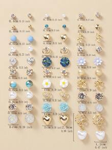30 cặp/bộ Thời trang Khối Zirconia  , Ngọc trai Giả , Hình vẽ trái tâm , Kim loại , Hoa , Thiết kế hình học Bông tai stud Đối với phụ nữ , Mặc hàng ngày Và Quà tặng lễ hội , Phụ kiện trang sức - Vàng - Xem 3