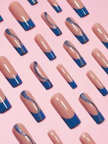 24pcs Long Blue French S Curve Glitter Gradient Style Square Tip Nail With Jelly Gum & Nail File Set - Multicolor - View 2