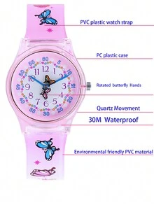 粉紅蝴蝶、透明果凍和半透明粉紅防水石英卡通兒童手錶,女孩腕錶