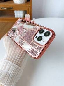 Apple 1x Rose Gold Mirror Geometric Color Matching Glitter Rhinestone Mobile Phone Case Compatible With Iphone15promax Waterproof Shockproof Anti-Fall Scratch Resistant - Rose Gold - View 5