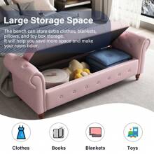 LUCKHAO 63" Tufted Storage Bench For Bedroom End Of Bed,Upholstered Storage Ottoman Bench ,Rolled Arm Window Bench Seatwith With Solid Wood Legs - Pink - View 6
