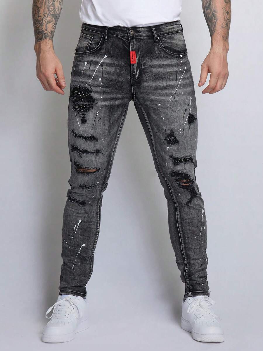 Logeqi® Men Men's Gothic Street Art Ripped Jeans With Patches - Black - View 1