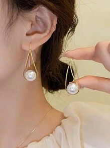 1 par de Brincos de Pingente de Cobre Únicos Vintage com Falso Pérola para Mulheres, Elegantes e Chiques