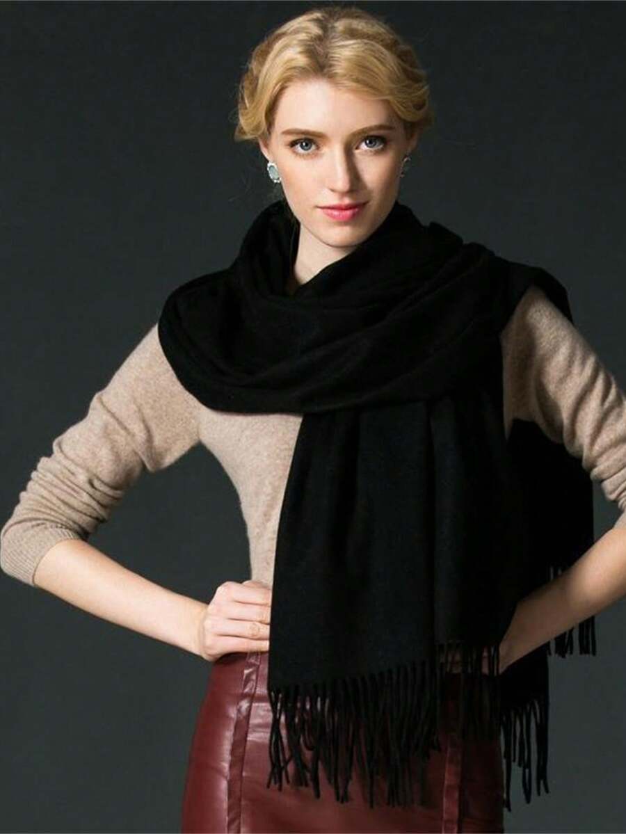 1入經典款200*65cm加厚保暖披巾,時尚款單色中性圍巾,重量為250g - 黑色 - 查看 1