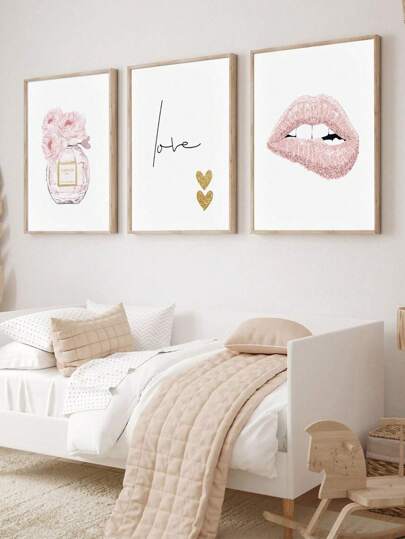 Conjunto De 3 Piezas De Pintura De Moda Con Estampado Floral De Labios Rosados Y Perfume, Cartel De Arte Moderno De Impresión En Lienzo De Belleza De Maquillaje Para Salón De Belleza Para Niñas, Habitación, Decoración Del Hogar