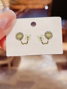 1pair Cat's Eye & Four Leaf Clover & Rhinestone & Flower Shaped Stud Earrings - cat eye four leaf clover - View 5