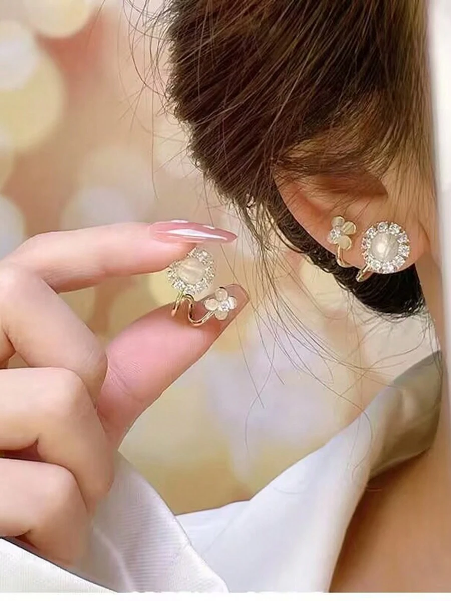 1pair Cat's Eye & Four Leaf Clover & Rhinestone & Flower Shaped Stud Earrings - cat eye four leaf clover - View 1