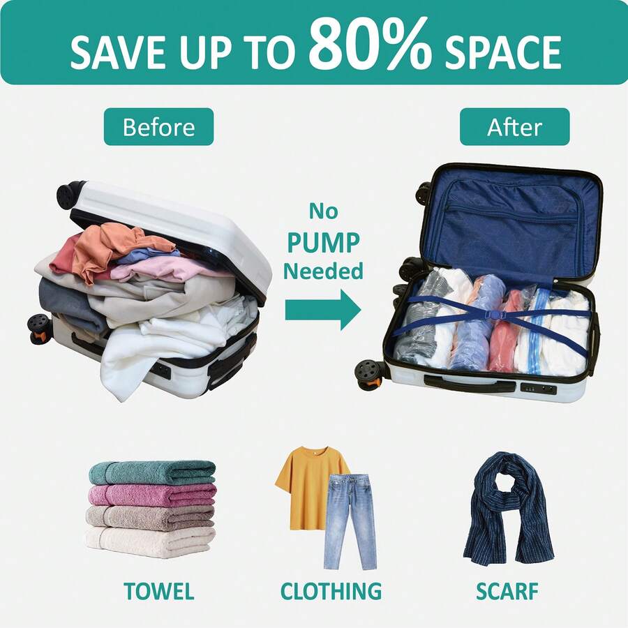 6 Pack Compression Storage Bags For Travel RollUp Space Saver Vacuum