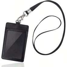 1pc Pu Leather Id Card Holder With Lanyard, Card Case For Work Id, Student Card, Bus Card, Badge, Etc. Back To School - Black - View 1