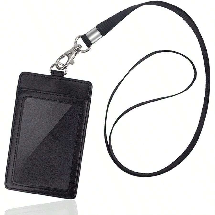 1pc Pu Leather Id Card Holder With Lanyard, Card Case For Work Id, Student Card, Bus Card, Badge, Etc. Back To School - Black - View 1
